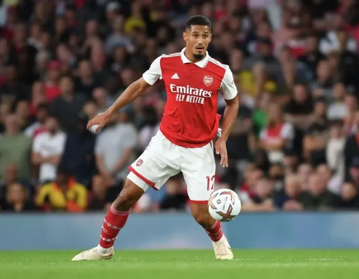 Framed Print : Arsenal vs Aston Villa: Saliba in Action at Emirates Stadium (2022-23) Framed Print : Arsenal vs Aston Villa: Saliba in Action at Emirates Stadium (2022-23)