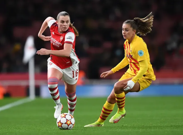 Framed Print : Arsenal vs. Barcelona: A Battle in the UEFA Women's Champions League at Emirages Stadium
