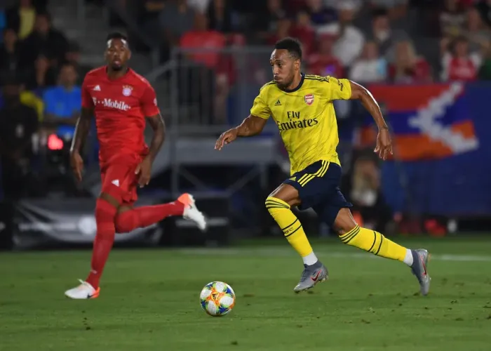 Framed Print : Arsenal vs Bayern Munich: Pierre-Emerick Aubameyang Faces Off Against Jerome Boateng in International Champions Cup Match, Los Angeles 2019