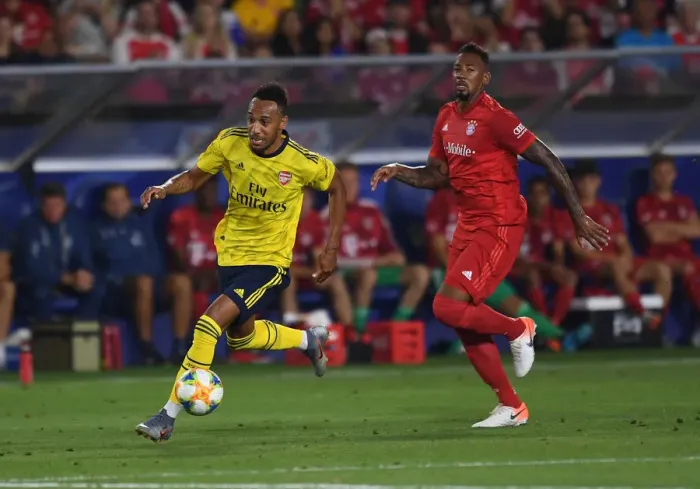 Framed Print : Arsenal vs. Bayern Munich: Aubameyang vs. Boateng Clash in International Champions Cup (2019) Framed Print : Arsenal vs. Bayern Munich: Aubameyang vs. Boateng Clash in International Champions Cup (2019)