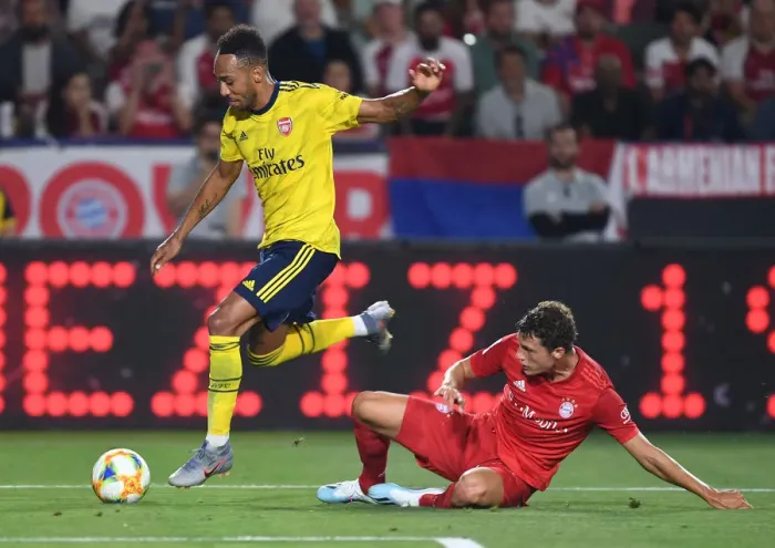 Framed Print : Arsenal vs. Bayern Munich: Aubameyang vs. Pavard Duel in the International Champions Cup, July 2019