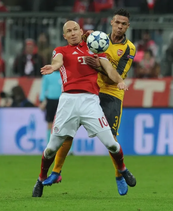 Framed Print : Arsenal vs. Bayern Munich: Kieran Gibbs Faces Arjen Robben in Champions League Showdown