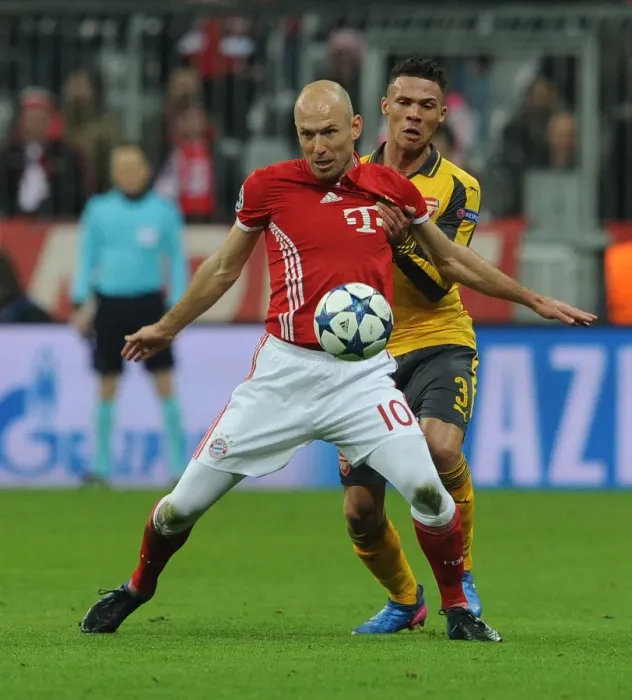 Framed Print : Arsenal vs. Bayern Munich: Kieran Gibbs vs. Arjen Robben in the 2016-17 UEFA Champions League Round of 16 First Leg