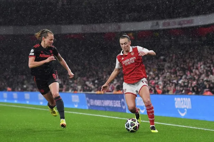 Framed Print : Arsenal vs. Bayern Munich: A Quarter-Final Showdown in the Women's Champions League at Emirates Stadium
