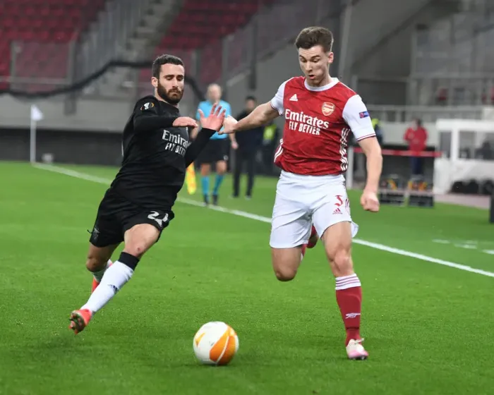 Framed Print : Arsenal vs Benfica: Kieran Tierney Clashes with Rafa in Europa League Showdown