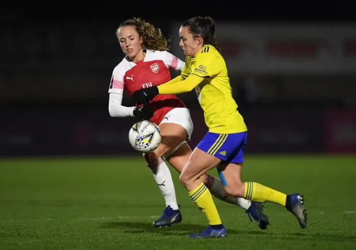 Framed Print : Arsenal vs Birmingham City Women: Lia Walti and Lucy Staniforth Clash in FA WSL Continental Tyres Cup Match Framed Print : Arsenal vs Birmingham City Women: Lia Walti and Lucy Staniforth Clash in FA WSL Continental Tyres Cup Match