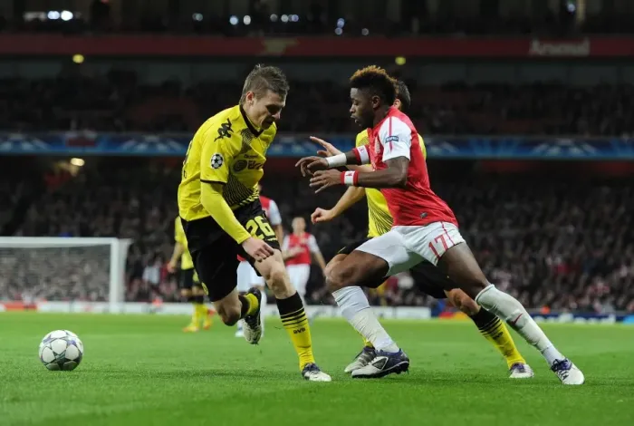 Framed Print : Arsenal vs Borussia Dortmund: Andre Santos Scores the Second Goal in the 2011-12 UEFA Champions League Match
