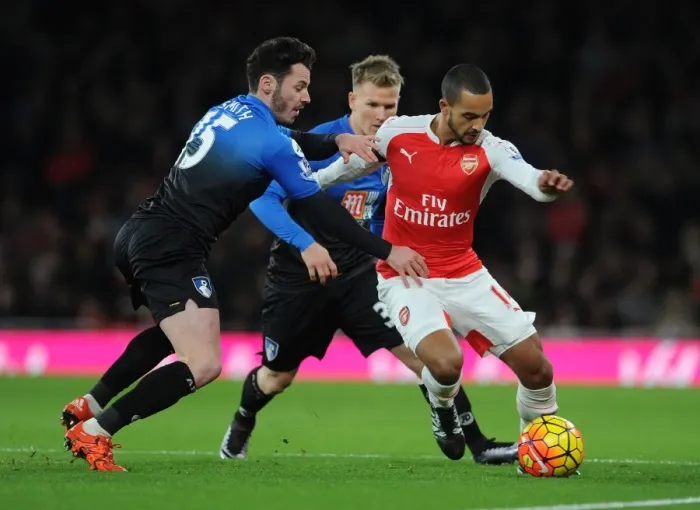 Framed Print : Arsenal vs Bournemouth: Theo Walcott's Intense Face-Off Against Smith and Ritchie (December 2015)