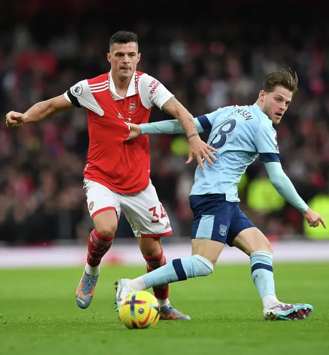 Framed Print : Arsenal vs Brentford: Granit Xhaka Clashes with Mathias Jensen in Intense Premier League Showdown (February 2023) Framed Print : Arsenal vs Brentford: Granit Xhaka Clashes with Mathias Jensen in Intense Premier League Showdown (February 2023)