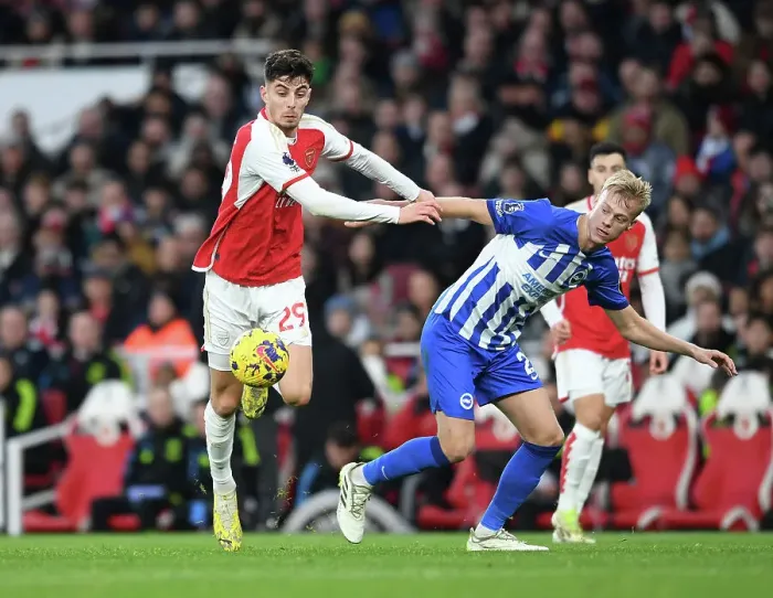 Framed Print : Arsenal vs Brighton: Clash between Havertz and van Hecke in the 2023-24 Premier League Framed Print : Arsenal vs Brighton: Clash between Havertz and van Hecke in the 2023-24 Premier League