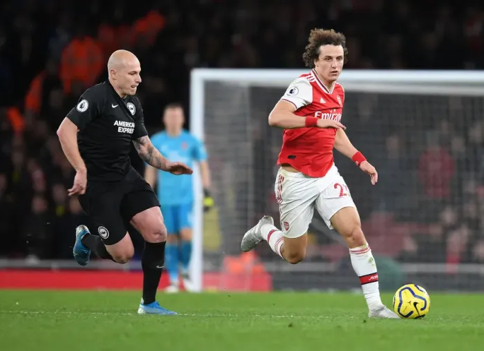 Framed Print : Arsenal vs Brighton: David Luiz Outmaneuvers Aaron Mooy at Emirates Stadium