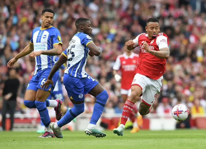 Framed Print : Arsenal vs Brighton: Gabriel Jesus Clashes with Moises Caicedo in Intense Premier League Showdown (2022-23)