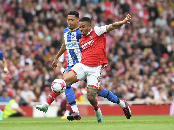 Framed Print : Arsenal vs Brighton: Gabriel Jesus Faces Off Against Levi Colwill in Intense Premier League Clash
