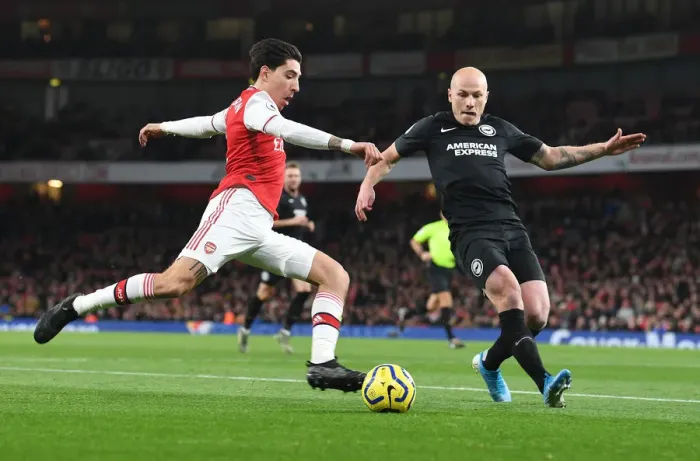 Framed Print : Arsenal vs Brighton: Hector Bellerin Clashes with Aaron Mooy in Premier League Showdown Framed Print : Arsenal vs Brighton: Hector Bellerin Clashes with Aaron Mooy in Premier League Showdown