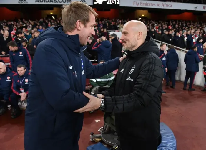 Framed Print : Arsenal vs Brighton: Pre-Match Greeting between Interim Coaches Mikel Arteta and Graham Potter (December 2019)