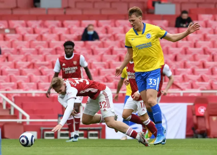 Framed Print : Arsenal vs Brighton: Smith Rowe Fouls by Burn in Intense Premier League Clash (2020-21) Framed Print : Arsenal vs Brighton: Smith Rowe Fouls by Burn in Intense Premier League Clash (2020-21)