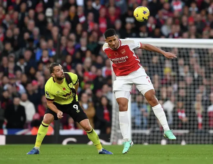 Framed Print : Arsenal vs Burnley: William Saliba Under Pressure in Premier League Clash (2023-24)
