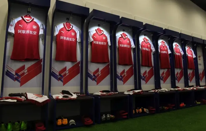 Framed Print : Arsenal vs Chelsea: Aligned Shirts in Arsenal Changing Room (Pre-Season Friendly 2017, Beijing)
