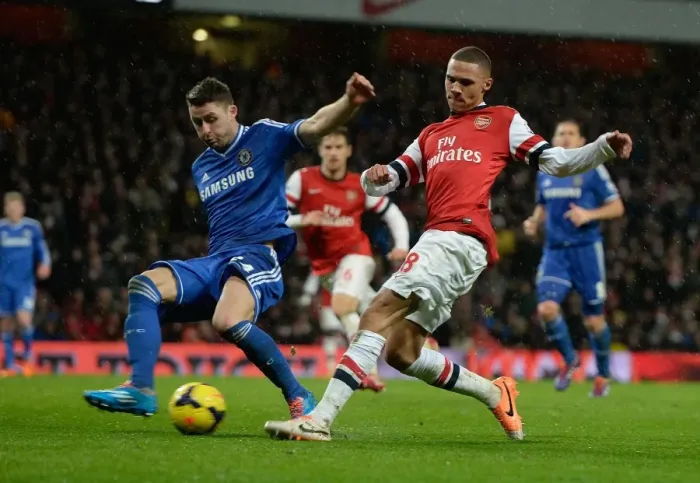 Framed Print : Arsenal vs. Chelsea: Clash between Kieran Gibbs and Gary Cahill