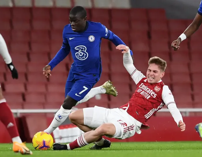 Framed Print : Arsenal vs. Chelsea: Emile Smith Rowe Fouls by N'Golo Kante