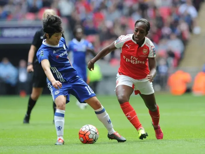 Framed Print : Arsenal vs Chelsea: FA Women's Cup Final - A Clash of Stars: Danielle Carter vs Ji So-Yun at Wembley Stadium