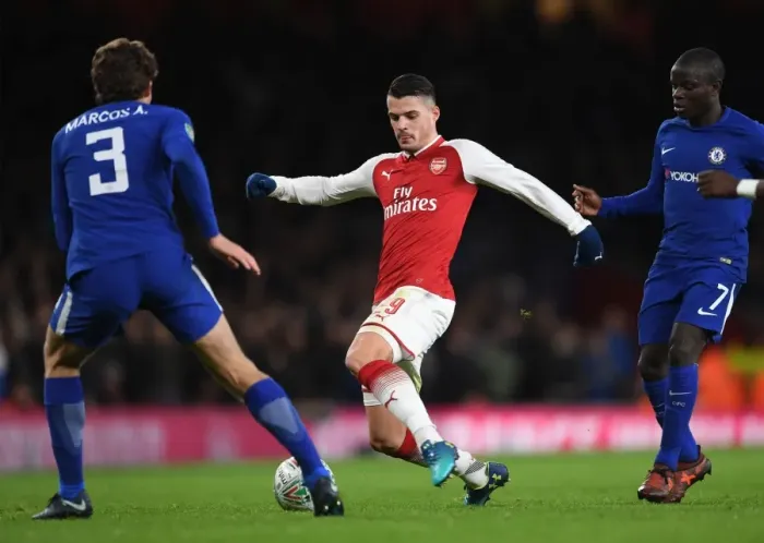 Framed Print : Arsenal vs. Chelsea: Intense Battle between Xhaka, Kante, and Alonso in Carabao Cup Semi-Final