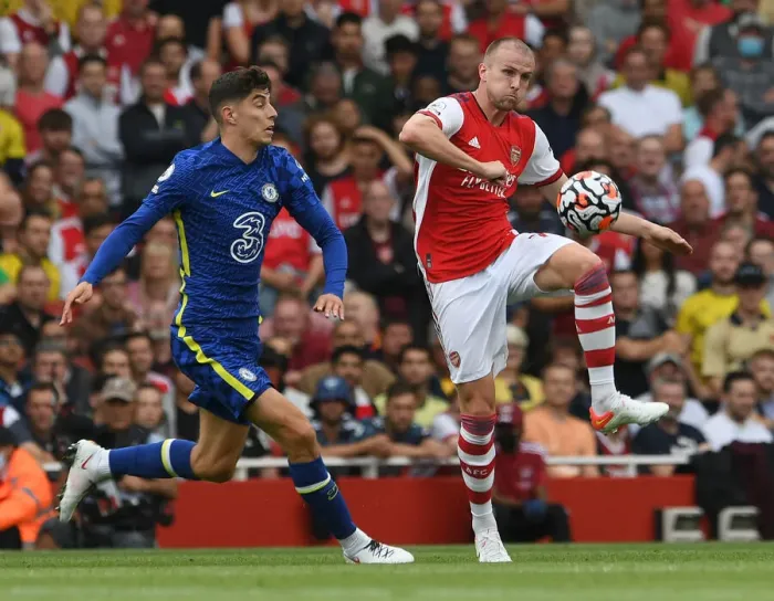 Framed Print : Arsenal vs. Chelsea: Rob Holding Faces Off Against Kai Havertz in Intense Premier League Clash