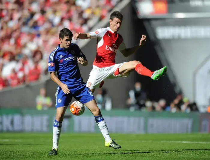 Framed Print : Arsenal vs. Chelsea Showdown: Koscielny vs. Oscar at the Community Shield Framed Print : Arsenal vs. Chelsea Showdown: Koscielny vs. Oscar at the Community Shield