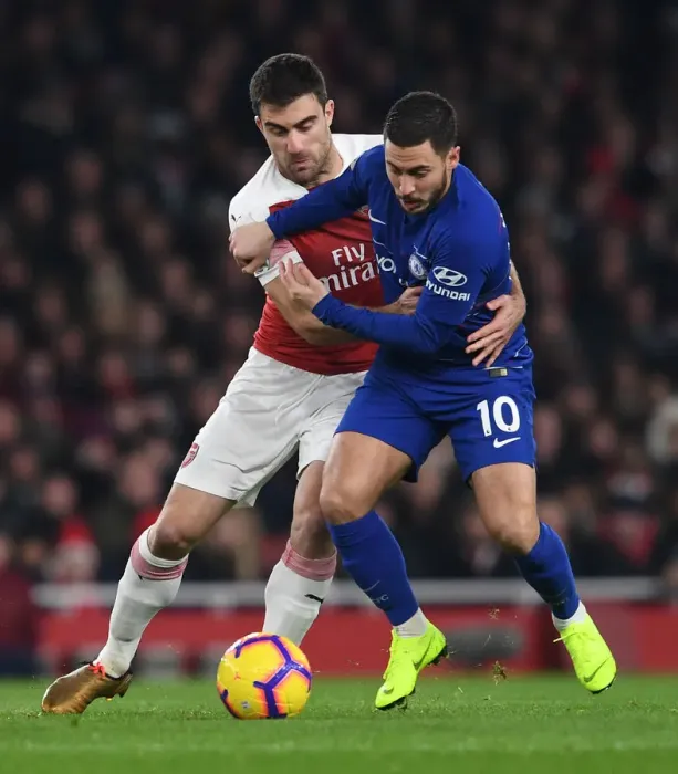 Framed Print : Arsenal vs. Chelsea: Sokratis vs. Hazard - Premier League Clash at Emirates Stadium