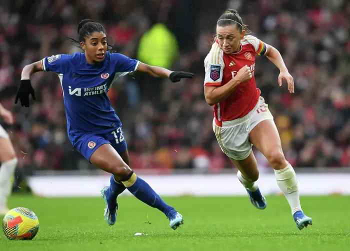 Framed Print : Arsenal vs. Chelsea Women: McCabe vs. Lawrence Clash in the 2023-24 Barclays WSL - A Battle at the Emirates Framed Print : Arsenal vs. Chelsea Women: McCabe vs. Lawrence Clash in the 2023-24 Barclays WSL - A Battle at the Emirates