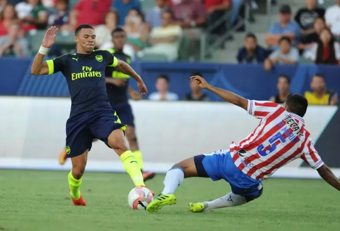 Framed Print : Arsenal vs Chivas: A Clash of Stars - Kieran Gibbs vs Hedgardo Marin