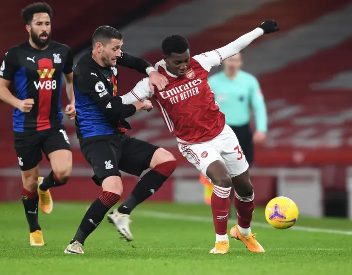 Framed Print : Arsenal vs Crystal Palace: Eddie Nketiah Clashes with Joel Ward in Empty Emirates Stadium - Premier League 2020-21 Framed Print : Arsenal vs Crystal Palace: Eddie Nketiah Clashes with Joel Ward in Empty Emirates Stadium - Premier League 2020-21