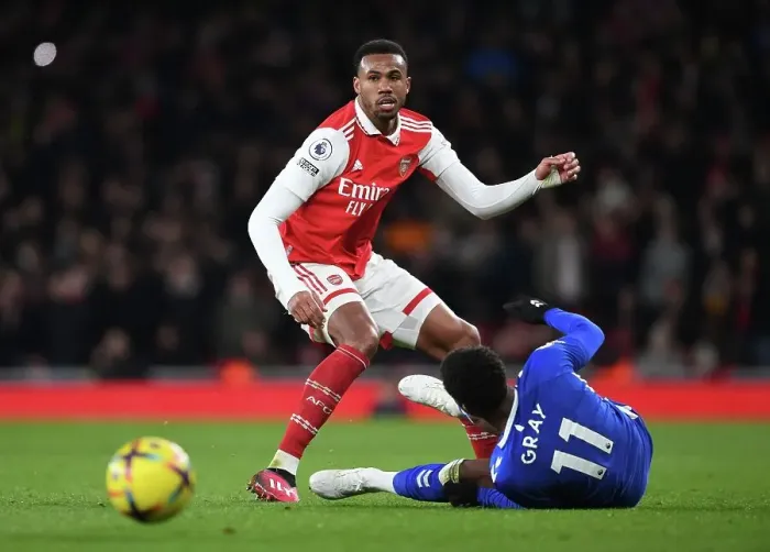 Framed Print : Arsenal vs. Everton: Gabriel Faces Off Against Demarai Gray in Premier League Showdown