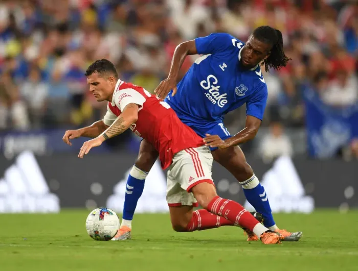Framed Print : Arsenal vs. Everton: Granit Xhaka Fouls Alex Iwobi in Pre-Season Clash Framed Print : Arsenal vs. Everton: Granit Xhaka Fouls Alex Iwobi in Pre-Season Clash