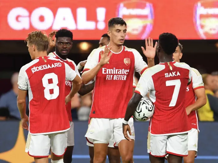 Framed Print : Arsenal vs. FC Barcelona: Kai Havertz and Bukayo Saka Celebrate Goals in Pre-Season Friendly at SoFi Stadium (2023) Framed Print : Arsenal vs. FC Barcelona: Kai Havertz and Bukayo Saka Celebrate Goals in Pre-Season Friendly at SoFi Stadium (2023)