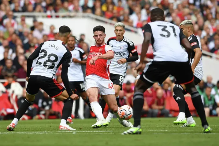 Framed Print : Arsenal vs Fulham: Rice Controls the Midfield in 2023-24 Premier League Clash Framed Print : Arsenal vs Fulham: Rice Controls the Midfield in 2023-24 Premier League Clash
