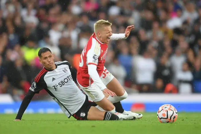 Framed Print : Arsenal vs Fulham: Zinchenko Faces Off Against Lukic in Premier League Clash (2023-24)