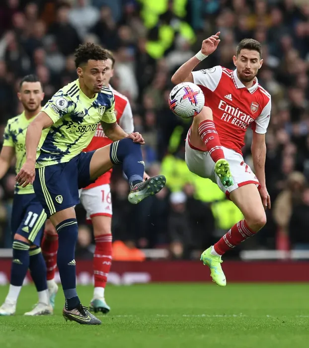 Framed Print : Arsenal vs Leeds United: Jorginho's Tackle Battle in the 2022-23 Premier League Clash