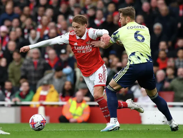 Framed Print : Arsenal vs Leeds United: Martin Odegaard vs Liam Cooper Clash in the Premier League