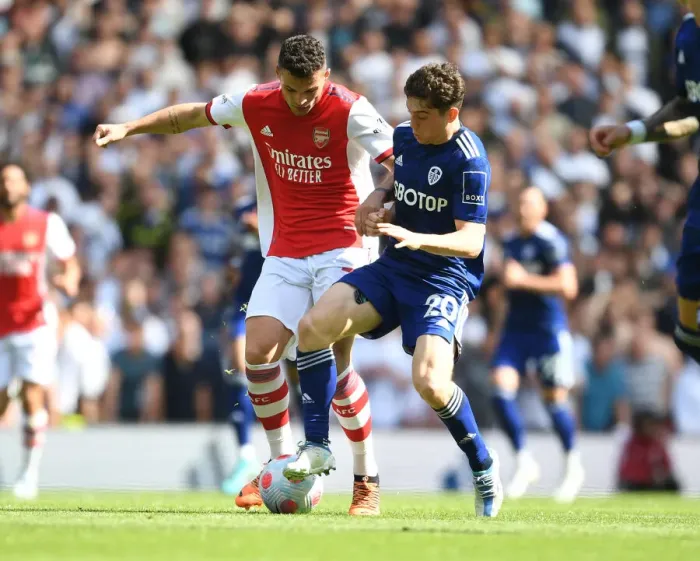 Framed Print : Arsenal vs Leeds United: Xhaka vs James - Intense Battle in the Premier League (2021-22)