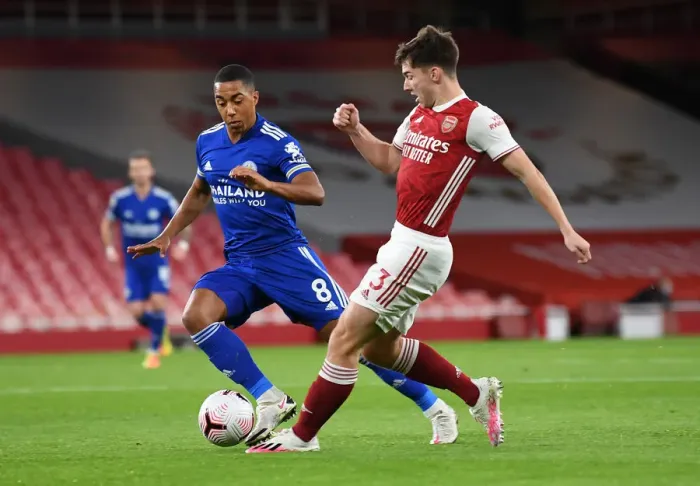 Framed Print : Arsenal vs Leicester City: Tierney vs Tielemans - A Battle at Emirates Amidst Empty Stands (2020-21 Premier League)