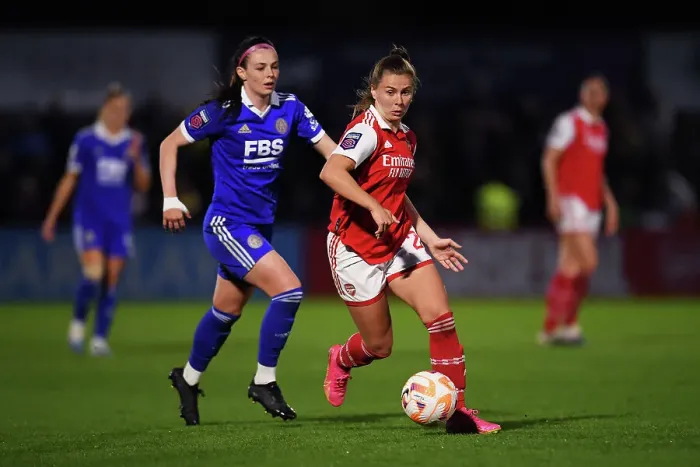 Framed Print : Arsenal vs Leicester City: Women's Super League Showdown at Meadow Park (2022-23) - A Thrilling Battle between Arsenal Women and Leicester City Women