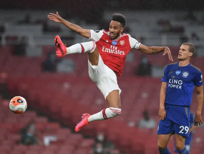 Framed Print : Arsenal vs. Leicester City: Aubameyang's Intense Showdown in the Premier League