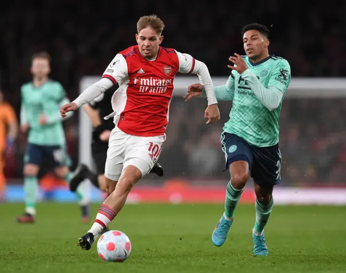 Framed Print : Arsenal vs Leicester City: Emile Smith Rowe Clashes with James Justin in Premier League Showdown Framed Print : Arsenal vs Leicester City: Emile Smith Rowe Clashes with James Justin in Premier League Showdown