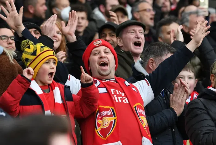 Framed Print : Arsenal vs Leicester City: Fans Celebrate First Goal at Emirates Stadium, Premier League 2021-22