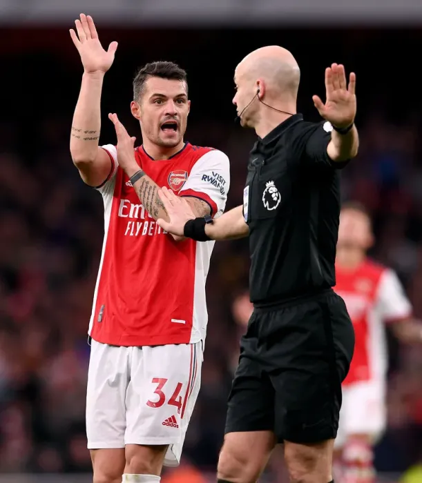 Framed Print : Arsenal vs Leicester City: Granit Xhaka Contests Handball Call in Premier League Clash Framed Print : Arsenal vs Leicester City: Granit Xhaka Contests Handball Call in Premier League Clash