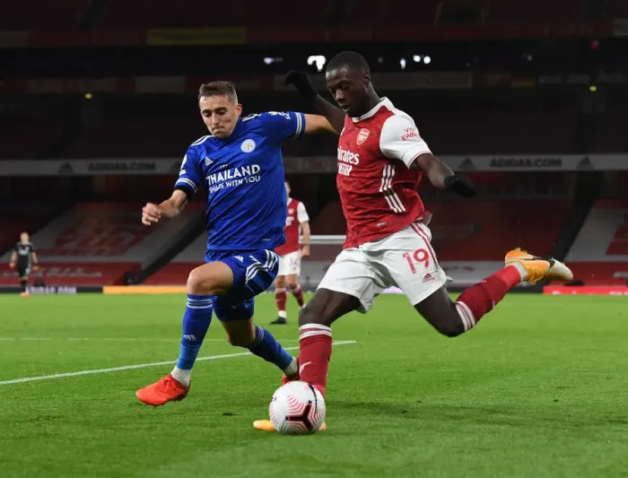 Framed Print : Arsenal vs Leicester City: Pepe vs Castagne in Empty Emirates Stadium, Premier League 2020-21 Framed Print : Arsenal vs Leicester City: Pepe vs Castagne in Empty Emirates Stadium, Premier League 2020-21