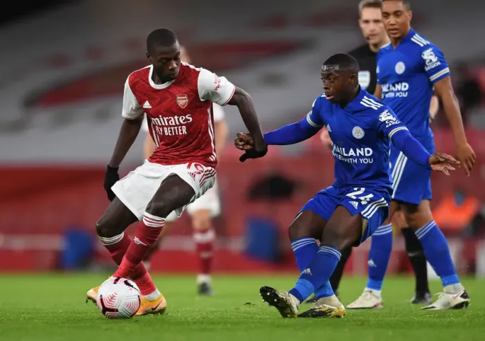 Framed Print : Arsenal vs Leicester City: Pepe vs Mendy - Premier League Clash Amidst Empty Stands (2020-21)