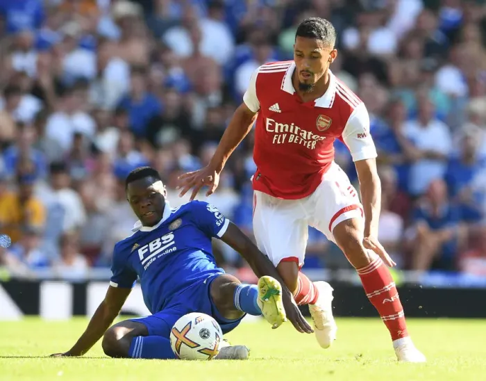 Framed Print : Arsenal vs Leicester City: Saliba vs Daka - Premier League Clash at Emirates Stadium (2022-23)