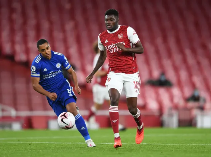 Framed Print : Arsenal vs Leicester City: Thomas Partey Clashes with Youri Tielemans in Empty Emirates Stadium, Premier League 2020-21